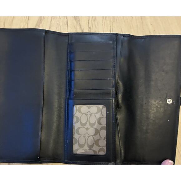 Vintage Y2K Coach Black Leather Tri-Fold Wallet Silver Buckle Monogram Logo - Picture 2 of 11